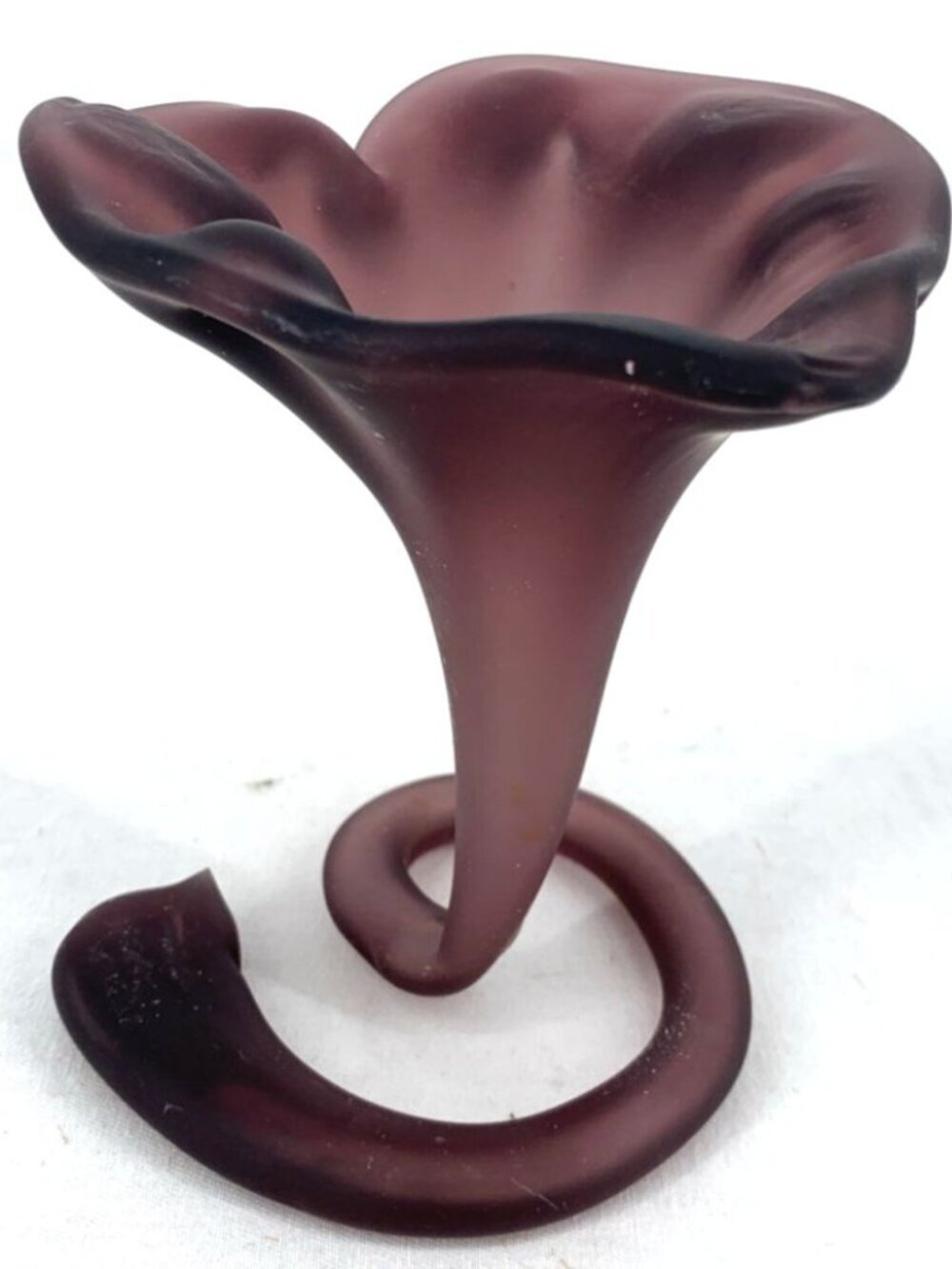 Amethyst Satin Glass Vase Trumpet 5" Tall Swirl Stem Base Vintage